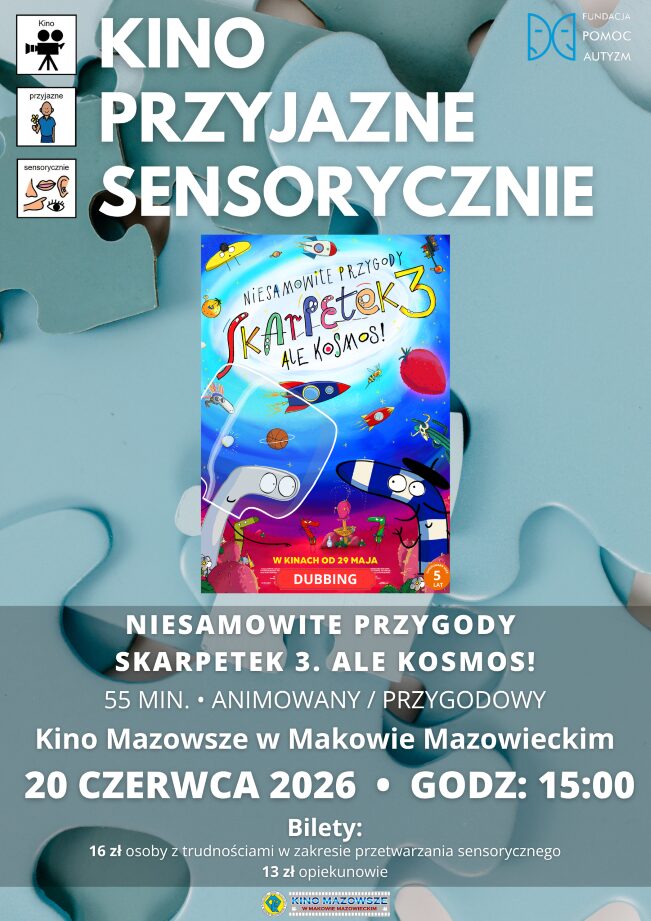 Plakat zapraszający na seans przyjazny sensorycznie filmu animowanego „Plakat zapraszający na seans przyjazny sensorycznie filmu animowanego „Niesamowite przygody skarpetek 3. Ale kosmos!” w Kinie Mazowsze w Makowie Mazowieckim. Seans odbędzie się 20 czerwca 2026 r. o godzinie 15:00. Na plakacie widoczna jest kolorowa grafika z kotką Miss Moxy i logotypy organizatorów.” w Kinie Mazowsze w Makowie Mazowieckim. Seans odbędzie się 18 kwietnia 2026 r. o godzinie 15:00. Na plakacie widoczna jest kolorowa grafika z kotką Miss Moxy i logotypy organizatorów.