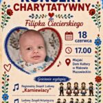 Plakat zapraszający na koncert charytatywny dla Filipka Ciecierskiego, organizowany przez „Małych Karniewiaków”. Wydarzenie odbędzie się 18 czerwca o godzinie 17:00 w Miejskim Domu Kultury w Makowie Mazowieckim. Na scenie gościnnie wystąpią zespoły ludowe „Karniewiacy” oraz „Gołyminiacy”. Grafika w folkowym stylu przedstawia zdjęcie niemowlęcia w sercu.