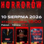 Plakat wydarzenia „Noc Horrorów” w Kinie Mazowsze w Makowie Mazowieckim, zapowiadający maraton trzech filmów grozy w dniu 10 sierpnia 2026 roku od godziny 18:00 w cenie 39 zł za pakiet.